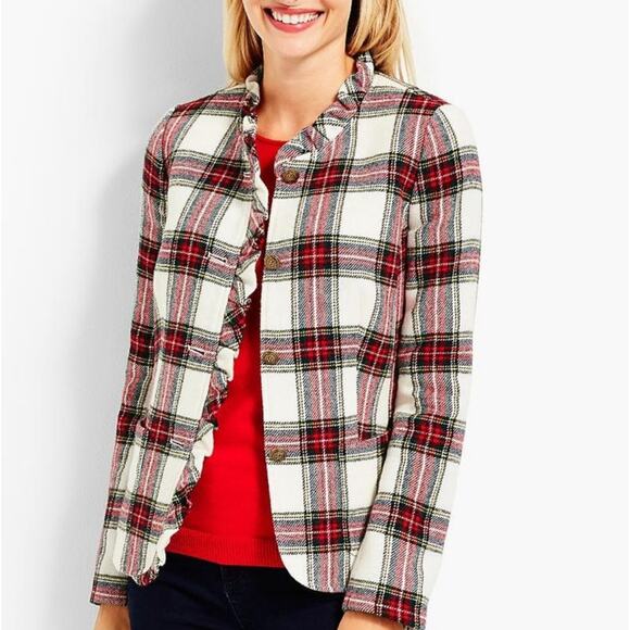 Talbots Ruffle Trim Shetland Holiday Plaid Jacket Petite 2P - Picture 2 of 8